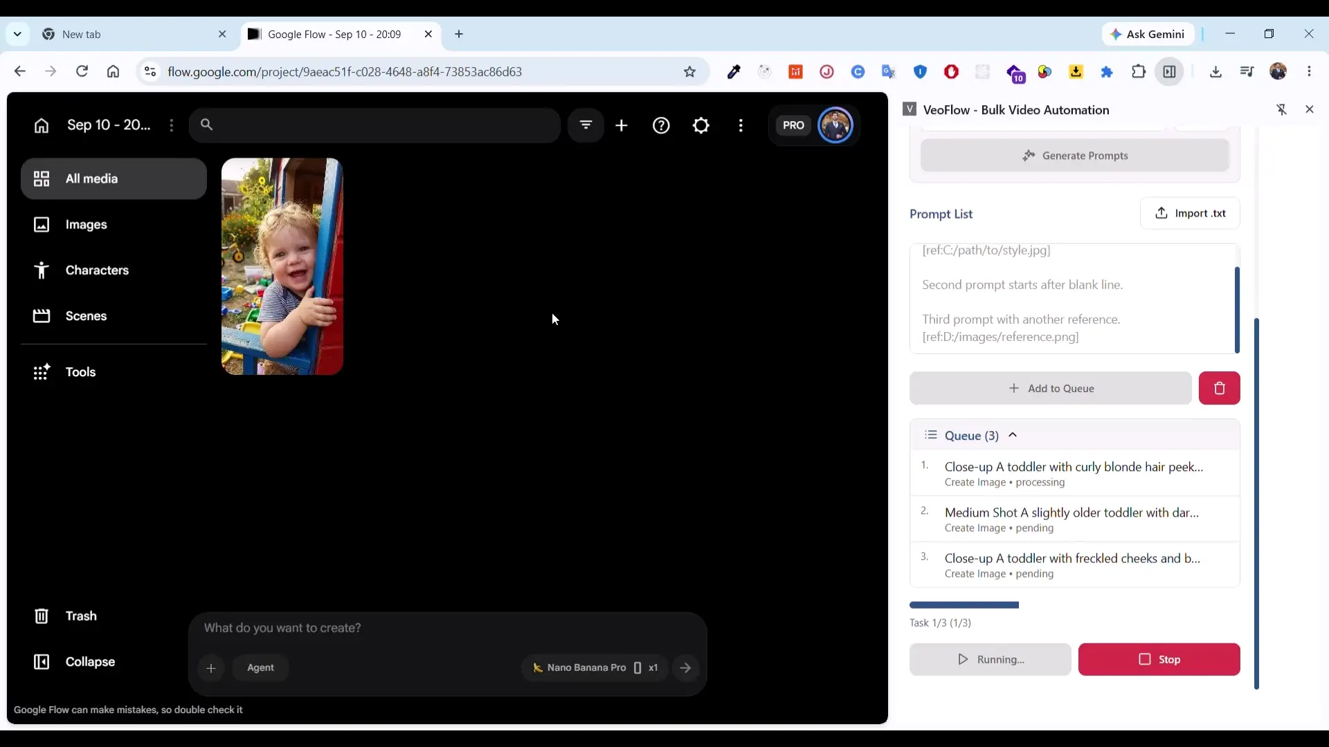 Google Flow Automations - Google Flow extension automation that can generate prompts, set the model settings, generate bulk vides, images and downlaod it in your system